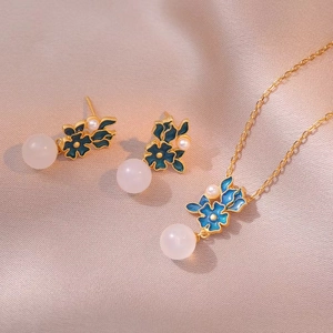 Enamel Floral Necklace And Earrings For Women Retro Artificial Pearl Agate Pendant Stainless Steel Jewelry Vintage Gold Plated