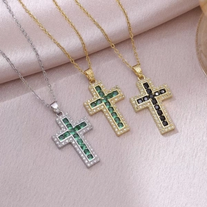 Vintage Stainless Steel Cross Pendant Necklace For Women Luxury Rhinestone Inlaid Cross Link Chain Necklace Choker Party Jewelry Gift