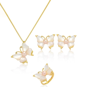 Niche Design Titanium Steel Butterfly Jewelry Set Artificial Pearl Shell Pendant Necklace Earrings Adjustable Open Ring For Women