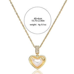 Elegant gold titanium steel heart pendant necklace with zircon and faux pearl detail