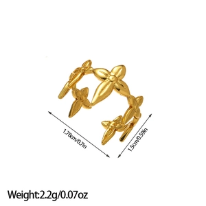 Detail view of gold butterfly pattern open ring with dimensions and weight specs