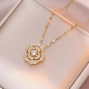 Camellia Flower Pendant Necklace Stainless Steel Zircon Inlaid Layered Elegant Fashion Accessory Jewelry For Women