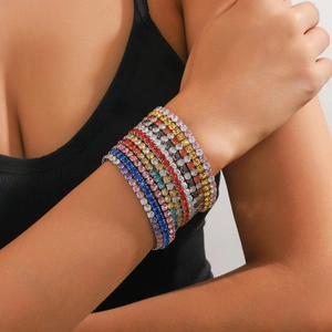 Multi-color rhinestone stretch tennis bracelet set with sparkling zircon crystal layering