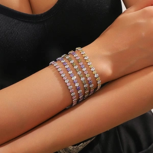 Set of six adjustable stainless steel tennis bracelets with colorful oval zircon stones