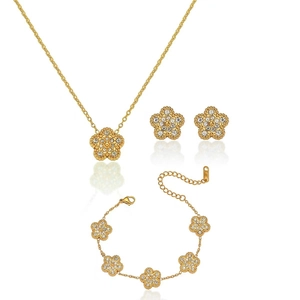Bijoux Fleur Cinq Pétales Acier Titane Zircon Collier Bracelet Boucles Oreilles Plaqué Or 18K Femmes Élégant