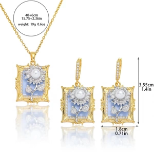 Vintage Sonnenblumen-Schmuckset mit blauer Ölmalerei-Halskette und Perlenohrringen