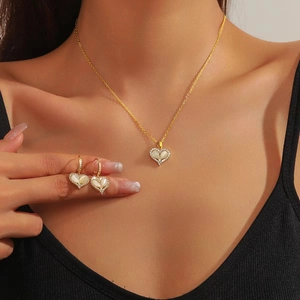 Collier Et Boucles D'oreilles Élégants En Cœur Pierre Œil De Chat Acier Inoxydable Cuivre Zircon Mode Femme Accessoires