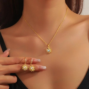 Leichter Luxus Titanstahl Sonnenstrahl Halskette Und Ohrringe Mondstein Zirkonia Sternenstrahl Blume Gold Schmuck Für Damen