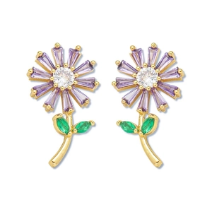 Elegante Sonnenblumen-Ohrstecker mit lila Edelsteinblättern und grünen Blattakzenten