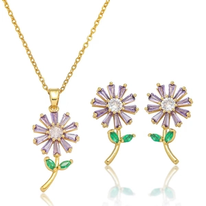 Goldenes Blumenschmuck-Set mit lila Kristall-Sonnenblume und passenden Ohrsteckern