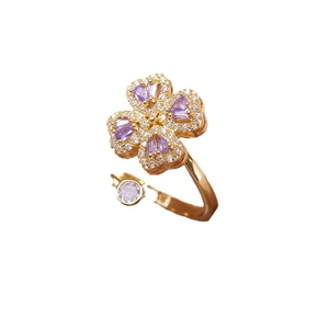 Anello quadrifoglio rotante con zirconi viola a forma di pera e finitura in oro