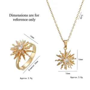 Golden rotating flower necklace and ring set with colorful zircon and size details