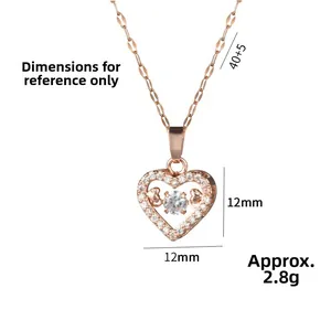 Elegant rose gold dancing heart necklace with sparkling crystal inlay on white background