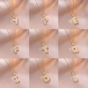 Bubble 26 letter pendant necklaces with micro-pave cubic zirconia on gold chain set