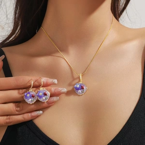 French style baroque necklace with natural pearls and purple flower earrings jewelry set