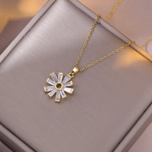 Collier Pendentif Tournesol Acier Titane Zircon Étincelant Fleur Charme Bijoux De Mode Cadeau Pour Femmes