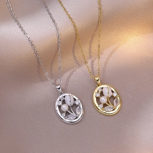 Tulip Flower Pendant Necklace Stainless Steel With Faux Artificial Pearl And Zircon Elegant Vintage Style Clavicle Chain For Women