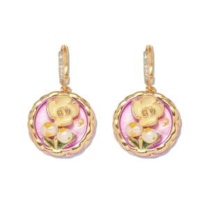 Details zu floralen Emaille-Ohrringen mit Süßwasserperlen und glitzernden Zirkonia-Steinen