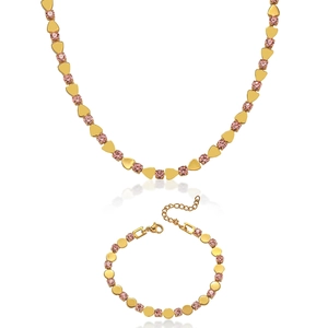 Pink Zircon Heart Shaped Stainless Steel Necklace And Bracelet Jewelry Gold Plated Elegant Fashion For Women