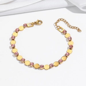 Elegant gold titanium steel bracelet with pink zircon stones and adjustable chain