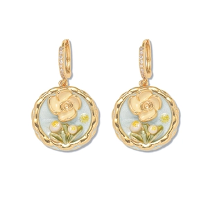 Detail von Vintage Blumen-Emaille-Ohrringen mit Vergoldung und Zirkonia-Einlage