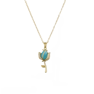 Elegant Titanium Steel Tulip Pendant Necklace Fashion Inlaid Rhinestone Rose Flower Clavicle Chain Jewelry Gift For Women