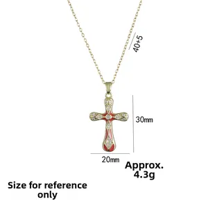 Vintage vergoldete Kreuzkette mit roter Emaille und Zirkonia, 40+5cm Kettenlänge