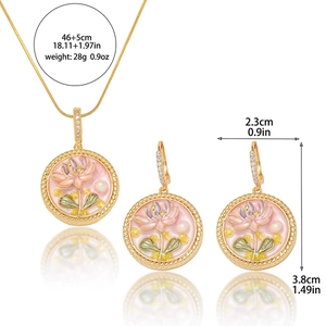 Detailansicht von Halskette und Ohrringen mit rosa Emaille-Lotus und Maßangaben