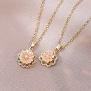 Collar Colgante De Flor Giratoria Acero Inoxidable Esmalte Perla Artificial Circón Bañado En Oro 18K Joyería Elegante Para Mujer