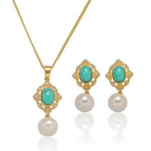Baroque Turquoise Perle Eau Douce Plaqué Or Pendentif Fleur Collier Et Boucles Oreilles Style Français Vintage Bijoux Élégants Femmes