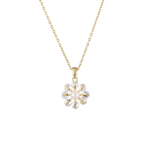 Elegante Halskette aus Goldtitan mit Blumenanhänger, Perle und acht Zirkon-Steinen