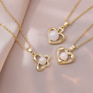 Elegante Collar Con Colgante De Corazón Mariposa De Acero Inoxidable Con Circonita Perla Artificial Joyería De Moda Mujer