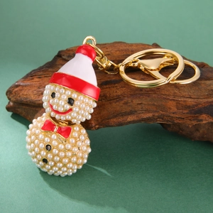 Süßer Weihnachts Schneemann Schlüsselanhänger Gold Zinklegierung Weiße Künstliche Perlenimitation Strass Taschenanhänger Anhänger Damen Kinder Geschenk