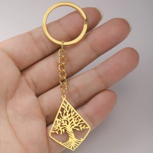 Detailed close-up of golden diamond-shaped tree of life pendant on a sturdy keychain