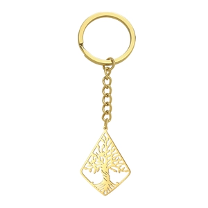 Gold stainless steel keychain with diamond-shaped hollow tree of life pendant