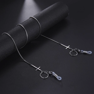Chaîne de lunettes en acier inoxydable argenté avec pendentifs en croix et boucles silicone