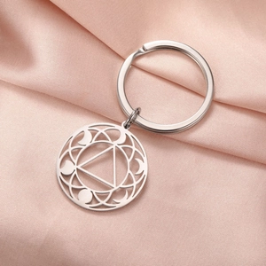 Close-up of geometric hollow triangle pendant on silver stainless steel keychain