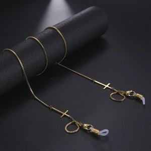 Chaîne de lunettes en acier doré avec pendentifs croix et boucles de réglage en silicone