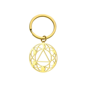 Golden stainless steel geometric keychain with hollow triangle and celestial moon phases