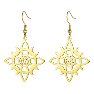 Gold stainless steel crescent moon earrings with celtic trinity knot and sunburst design