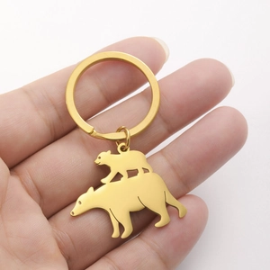 Detail of golden stainless steel polar bear keychain with matte finish and smooth edges