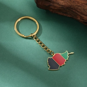 Detailed close-up of Afghanistan map keychain with black, red, and green enamel colors