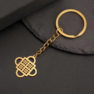 Macro view of gold stainless steel keychain with intricate geometric openwork pendant