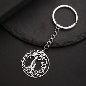 Porte-clés en acier inoxydable poli avec un pendentif circulaire Arbre de Vie