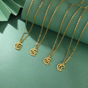 Collier en Acier Inoxydable 12 Signes du Zodiaque Pendentif Lune Ajouré Pour Femmes Hommes Or Argent Bijoux Astrologiques Cadeau