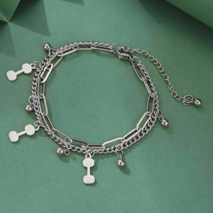 Double-layered stainless steel bracelet with hexagonal dumbbell charms and paperclip chain