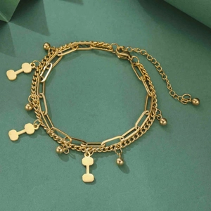 Double-layered golden stainless steel dumbbell pendant bracelet with paperclip chain