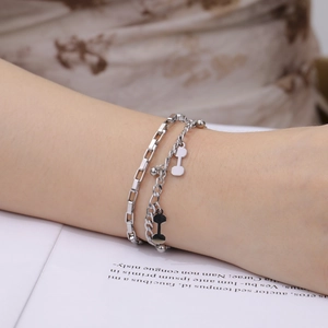 Double-layered stainless steel box and curb chain bracelet with dumbbell pendant