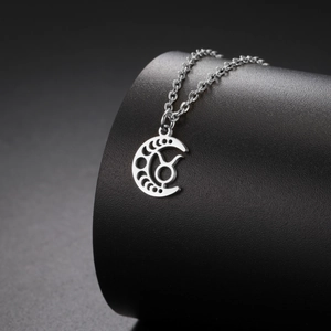 Détail du pendentif croissant de lune avec signe Taureau en acier inoxydable argenté