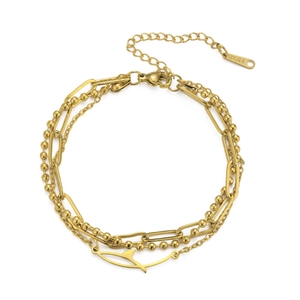 Three-layer gold stainless steel bracelet featuring bead chains and a fish charm